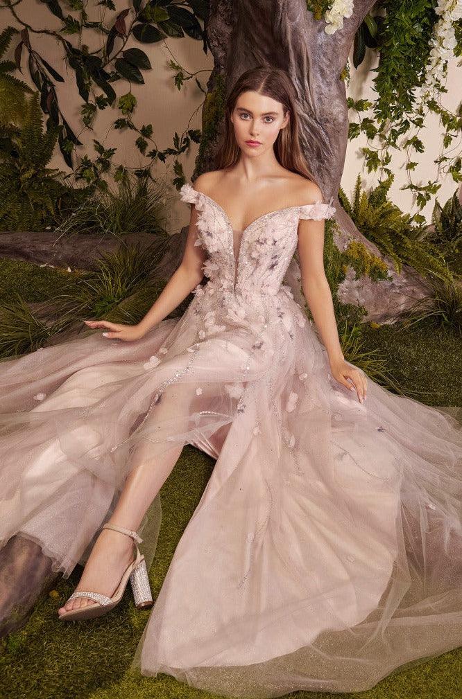 Andrea & Leo A1041 Off Shoulder Flower Applique Prom Dress Blush 3