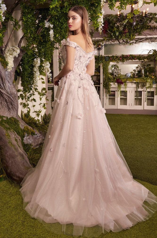 Andrea & Leo A1041 Off Shoulder Flower Applique Prom Dress Blush 2