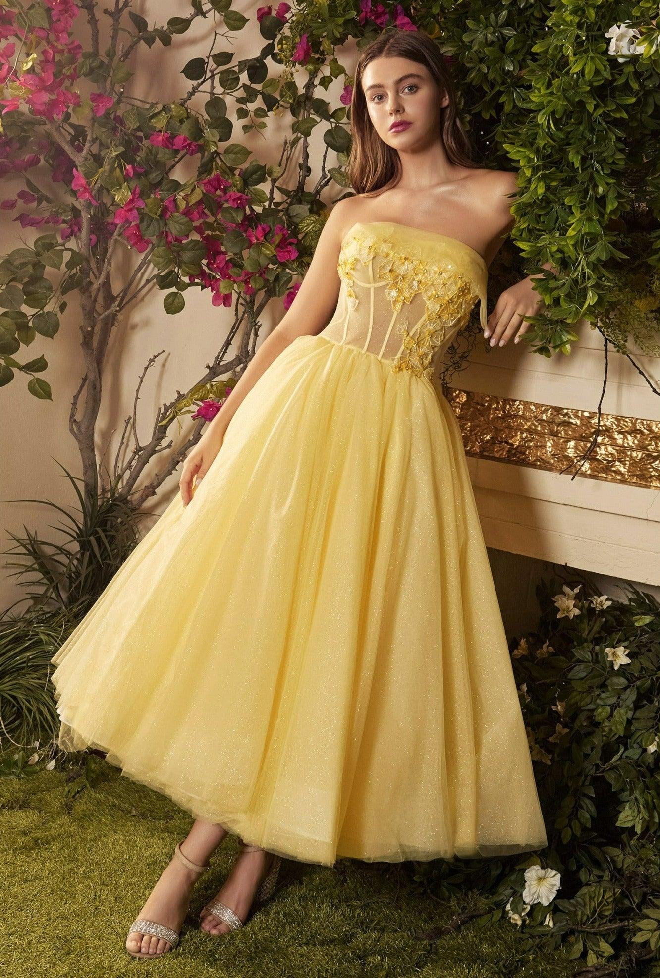 Andrea & Leo A1055 Strapless Tea Length Dress Yellow