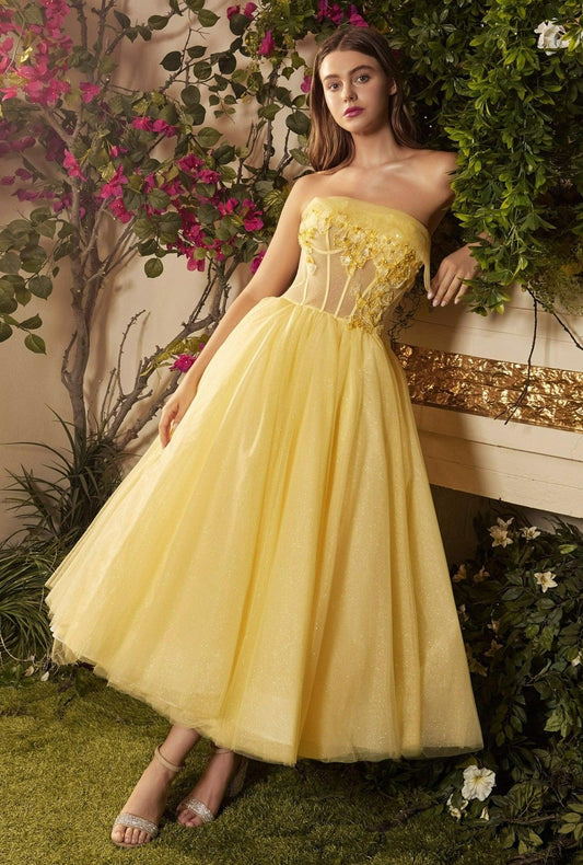 Andrea & Leo A1055 Strapless Tea Length Dress Yellow