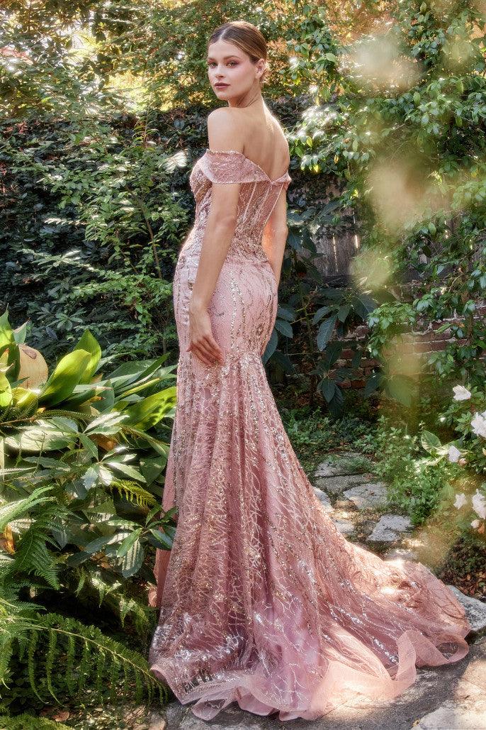 Andrea & Leo A1107 Off Shoulder Mermaid Sequin Formal Gown Rose Gold