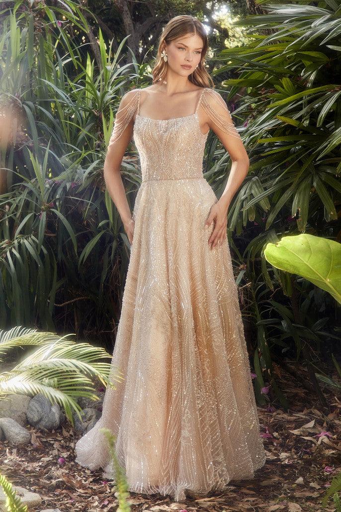 Andrea & Leo A1112 Beaded Sleeve A Line Gown Champagne 1
