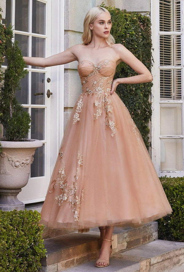 Andrea & Leo A1114 Strapless Tea Length Tulle Dress Rose-Gold