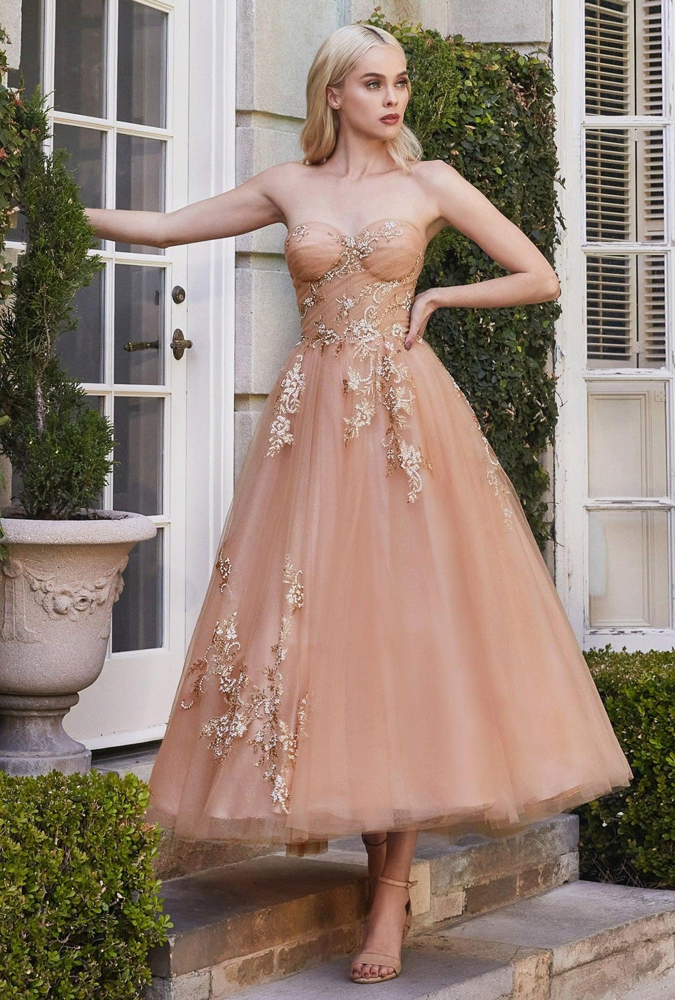 Andrea & Leo A1114 Strapless Tea Length Tulle Dress Andrea & Leo A1114 Strapless Tea Length Tulle Dress