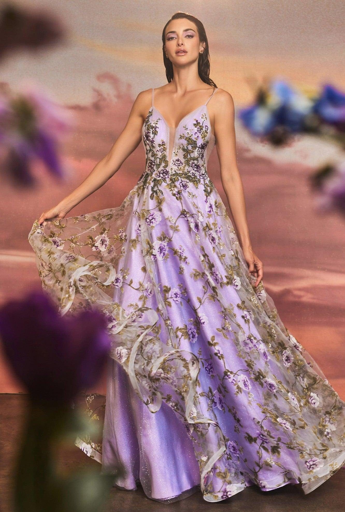 Andrea & Leo A1135 Spaghetti Strap with Lisianthus Print Prom Dress Lilac