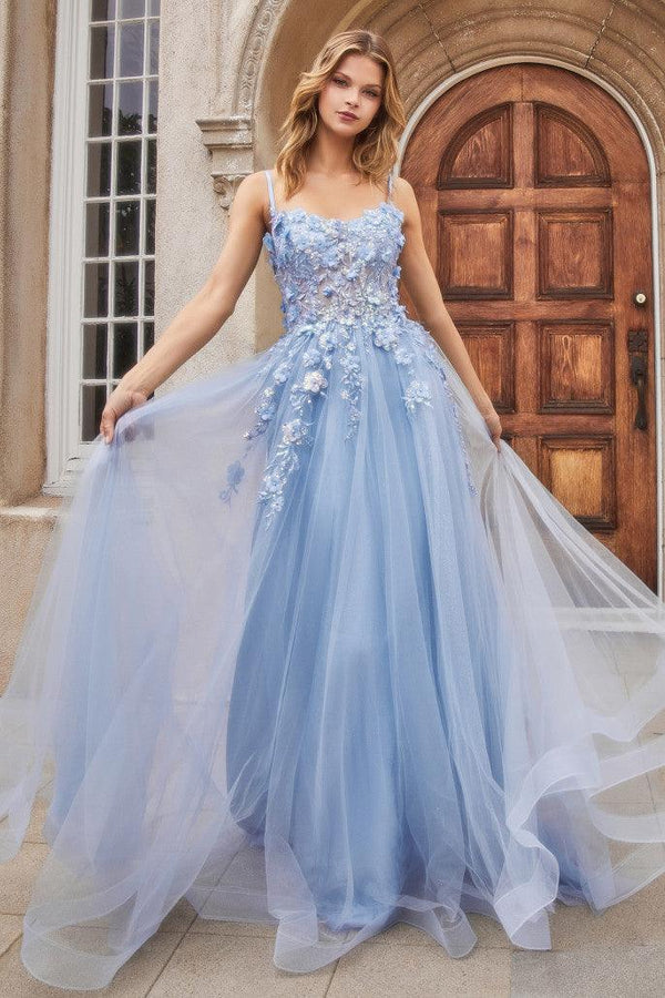 Andrea & Leo A1142 Spaghetti Strap Floral Applique Prom Dress