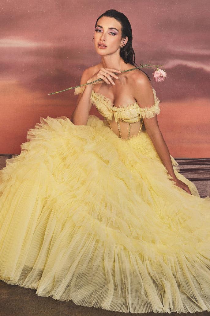 Andrea & Leo A1150 Strapless Ruffle Tulle Gown yellow