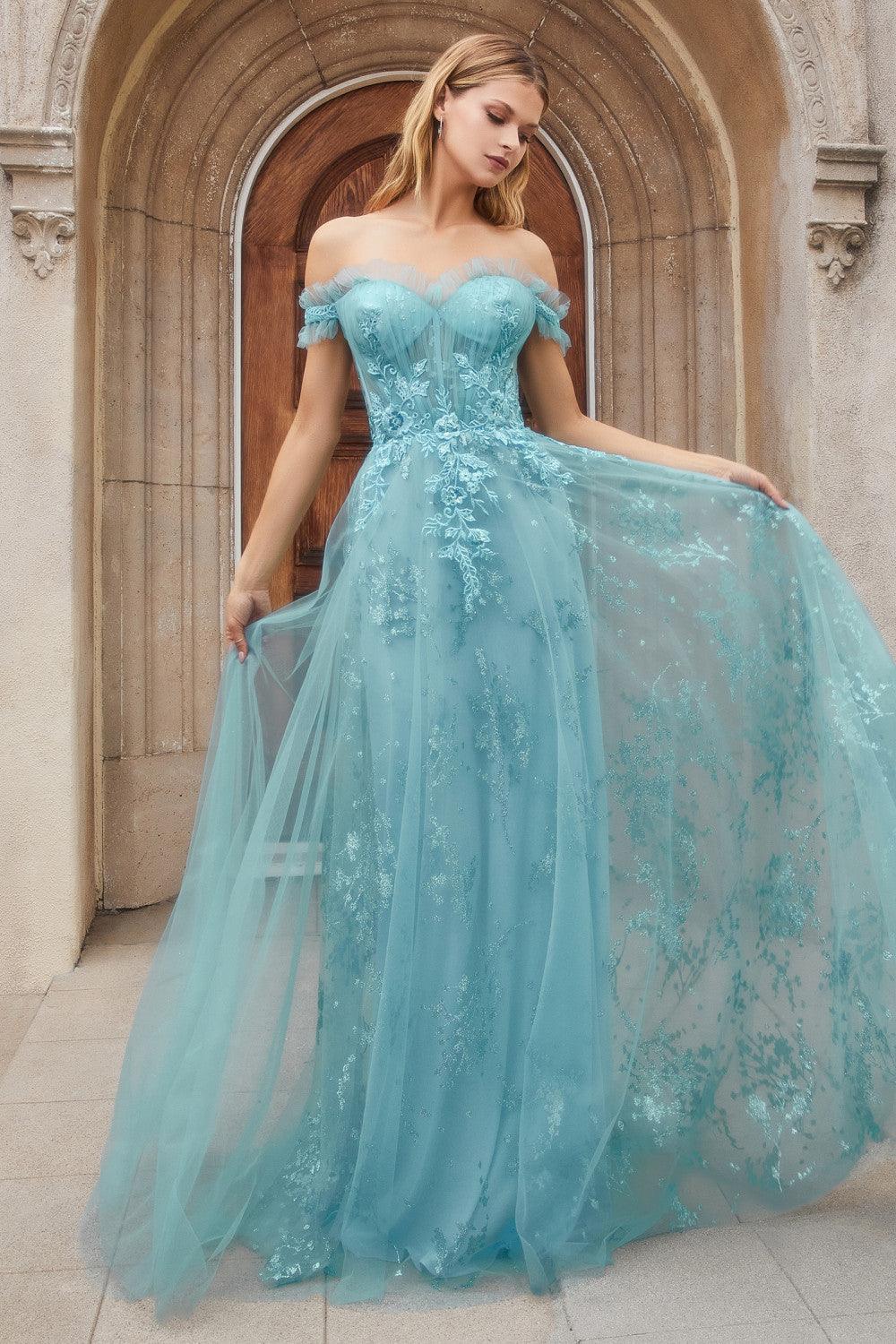 Andrea & Leo A1154 Off Shoulder A Line Prom Gown Cerulean-Blue