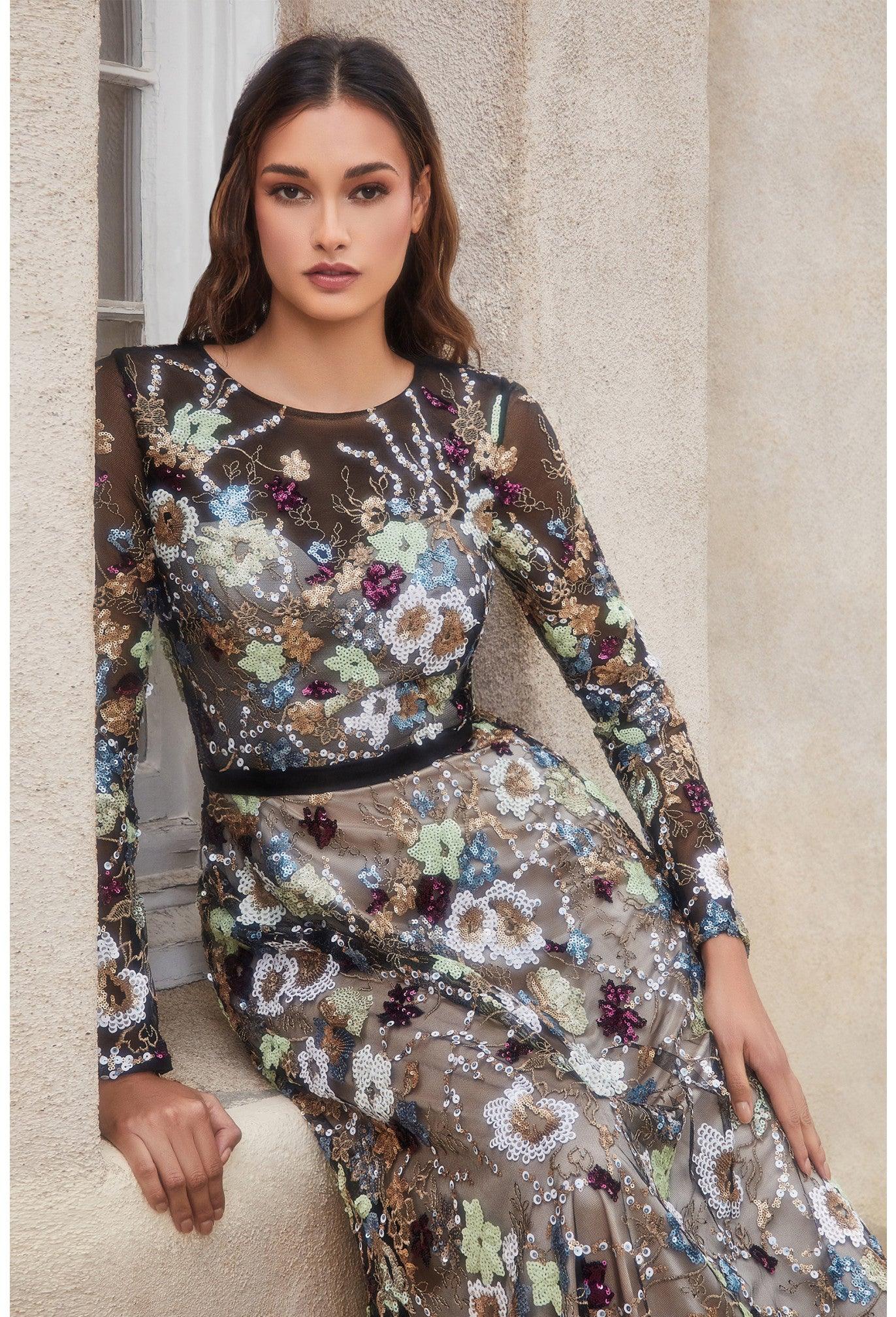 Andrea & Leo A1166 Floral Print Long Sleeve Formal  Dress