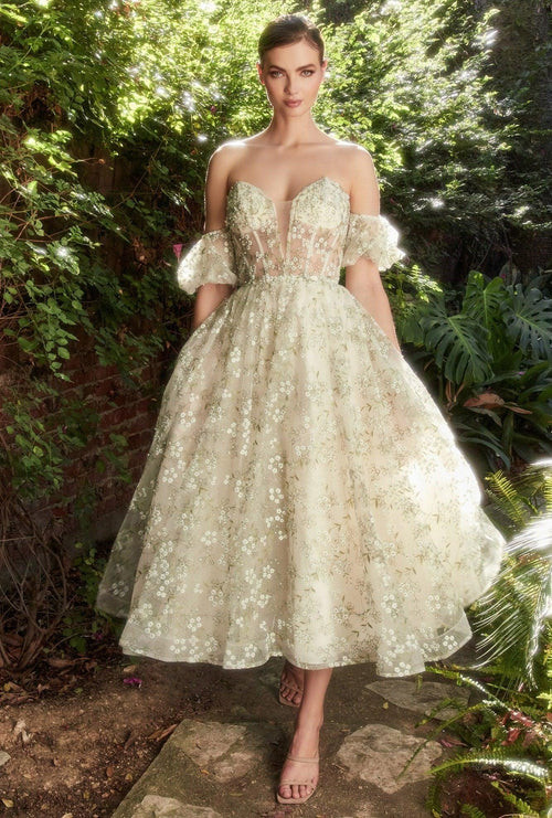 Ivory Green Andrea & Leo A1197 Off Shoulder Tea Length Dress for 