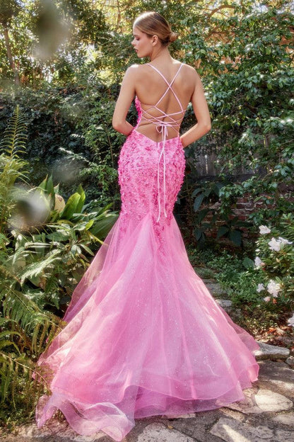 Andrea & Leo A1201 Mermaid Floral Prom Dress Hot Pink