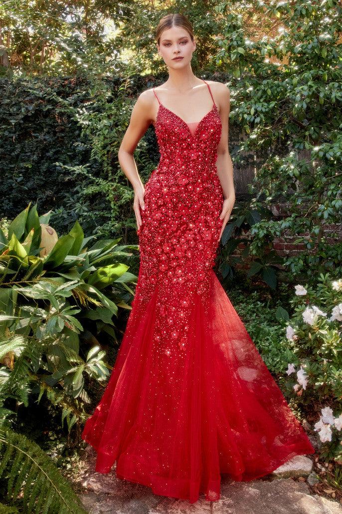 Andrea & Leo A1201 Mermaid Floral Prom Dress Red