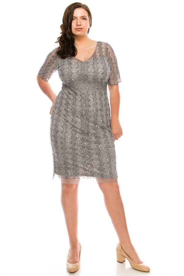 Adrianna Papell Short Beaded Mesh Dress AP1E205393 - The Dress Outlet