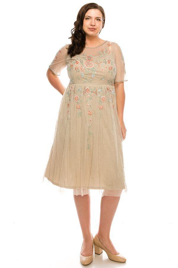 Adrianna Papell Beaded Floral Midi Dress Biscotti / 12 Adrianna Papell Beaded Floral Midi Dress Biscotti / 12