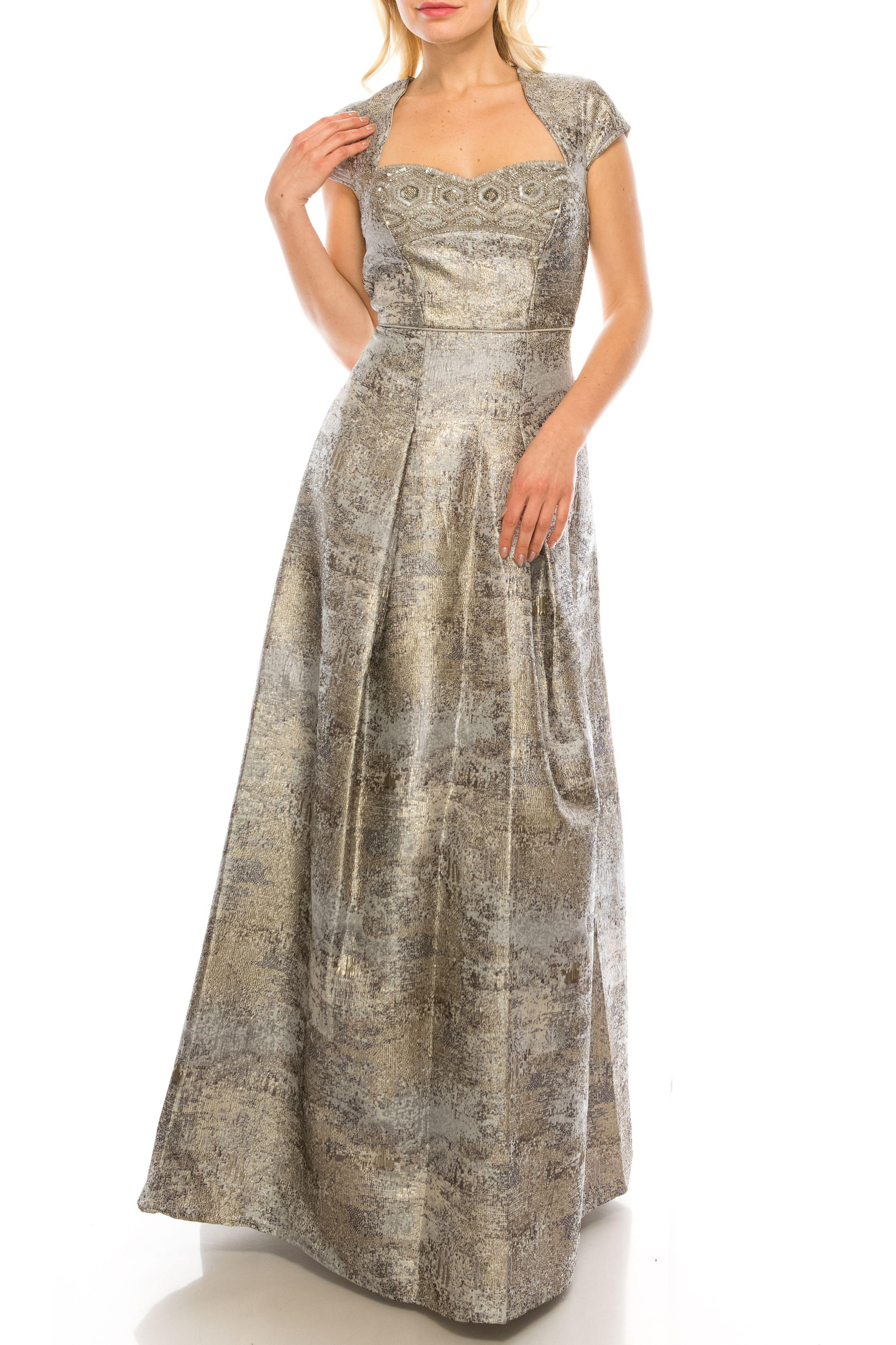 Aidan Mattox Cap-Sleeve Jacquard Gown w/ Beaded Detail, Purple, Women's, 8 Aidan Mattox Cap-Sleeve Jacquard Gown w/ Beaded Detail, Purple, Women's, 8