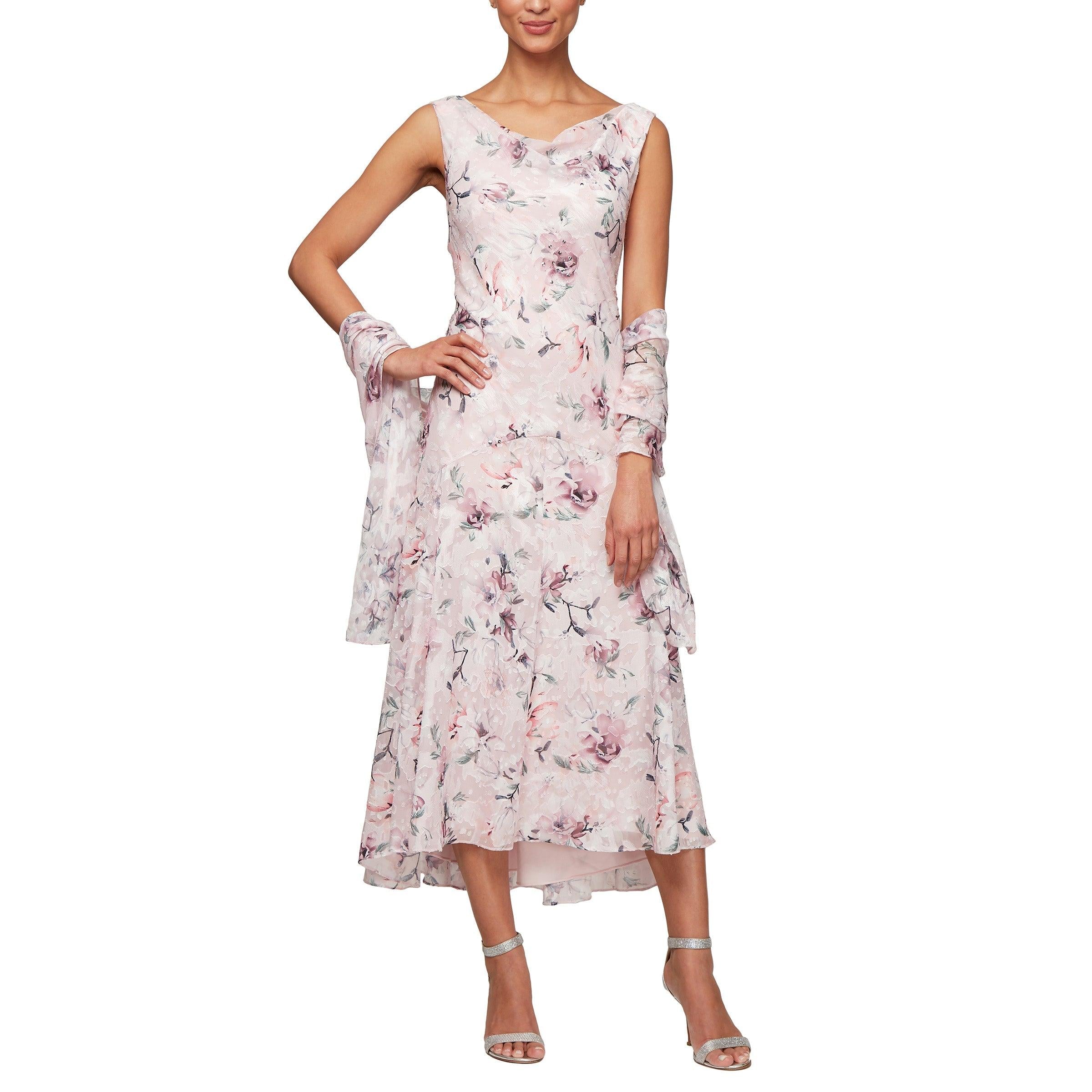 Alex Evenings Floral-Print A-Line Dress & Shawl - Blush Pink Floral - Size 8 Alex Evenings Floral-Print A-Line Dress & Shawl - Blush Pink Floral - Size 8