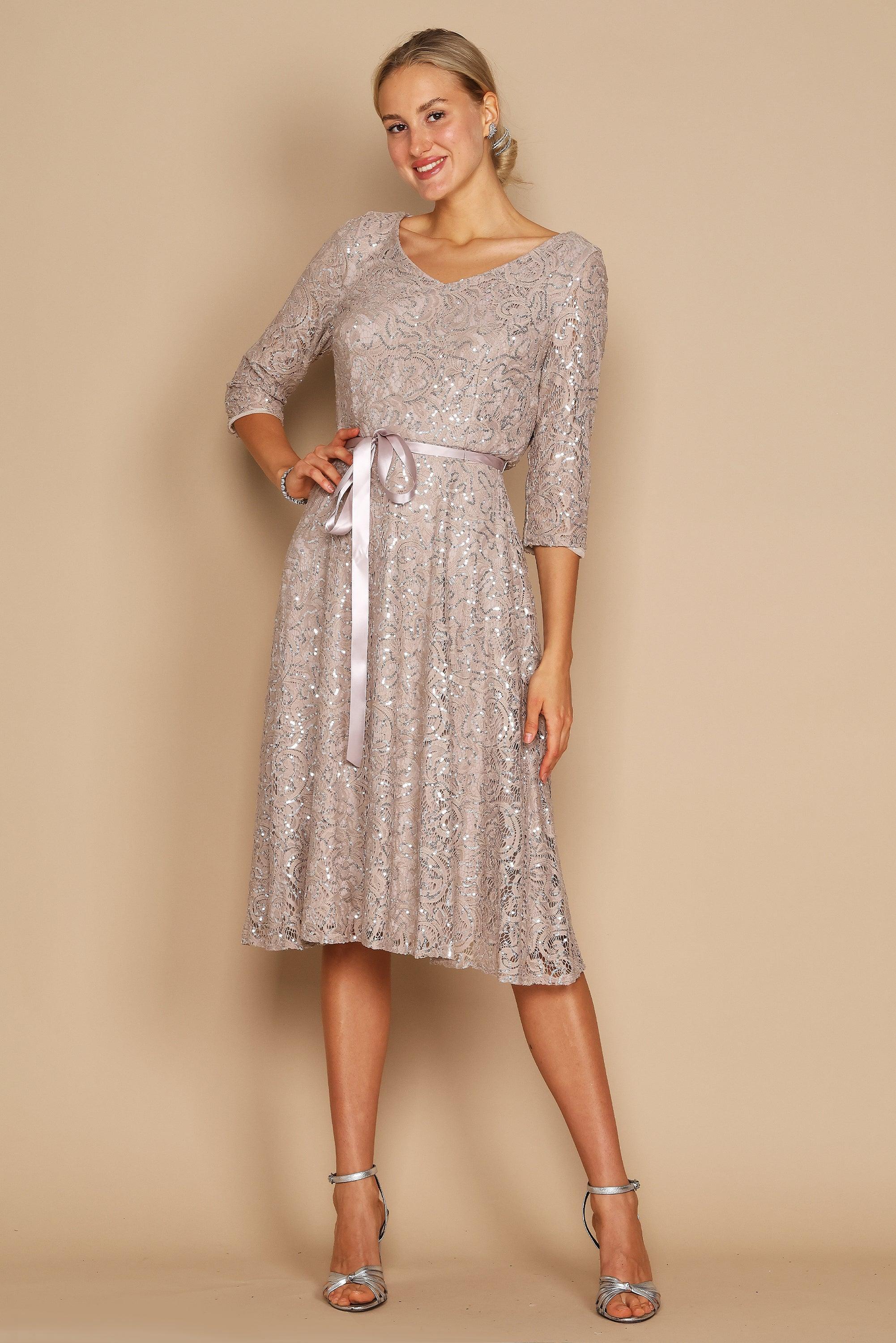 Buff Alex Evenings AE81122482 Tea Length Formal Dress - Formal Dresses ...