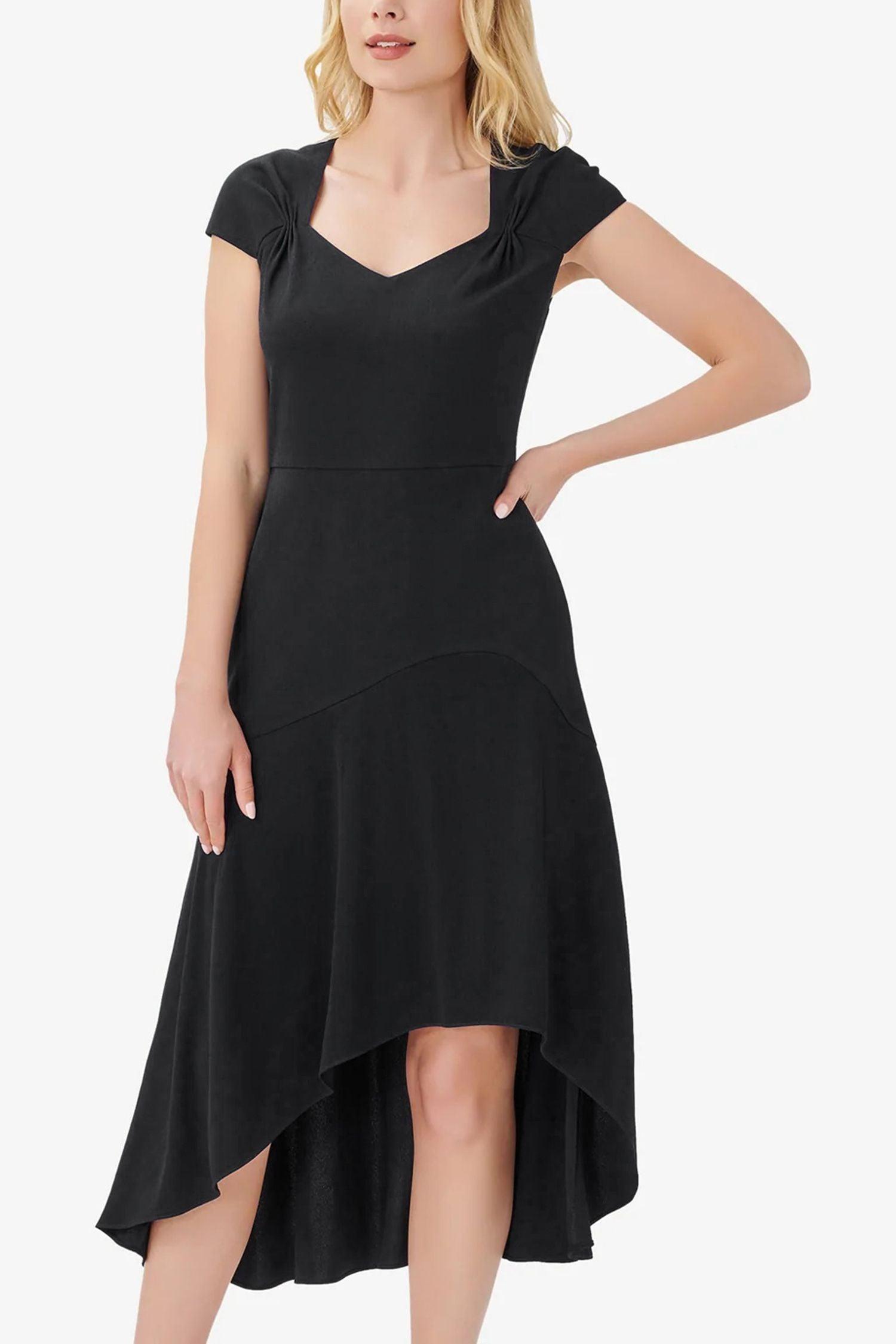 Adrianna Papell AP1D104395 Cap Sleeve Fit Flare Solid High Low Hem Crepe Dress
