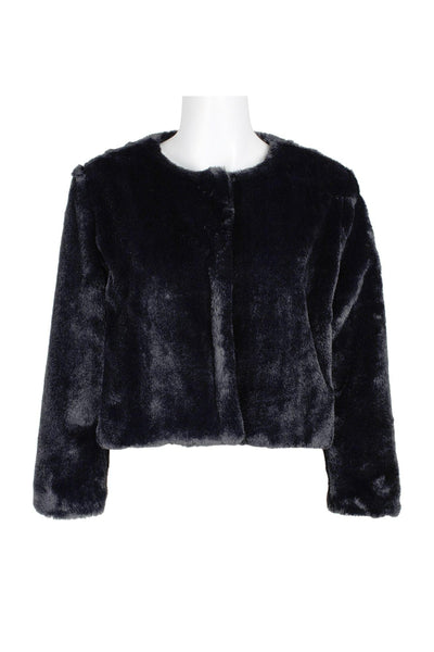 Adrianna Papell☆ラインストーン付き黒フェークファーショール Faux Fur Wrap With Stone Brooch In Black - Adrianna Papell