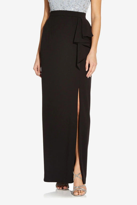 Formal Dresses Waist Ruffled Slit Side Solid Long Knot Crepe Skirt Black