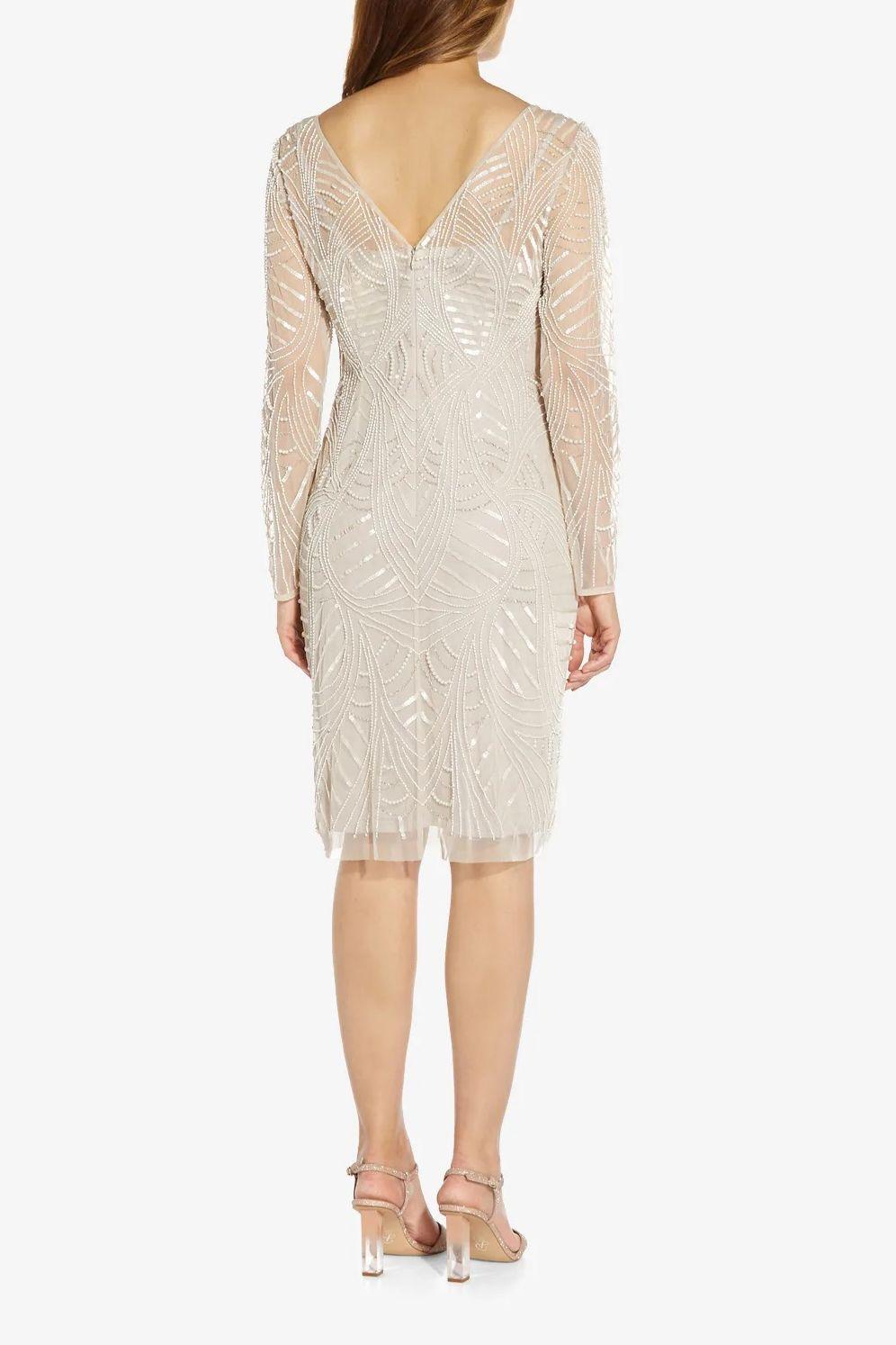 Cocktail Dresses Short Long Sleeve Embellished Mesh Dress Biscotti