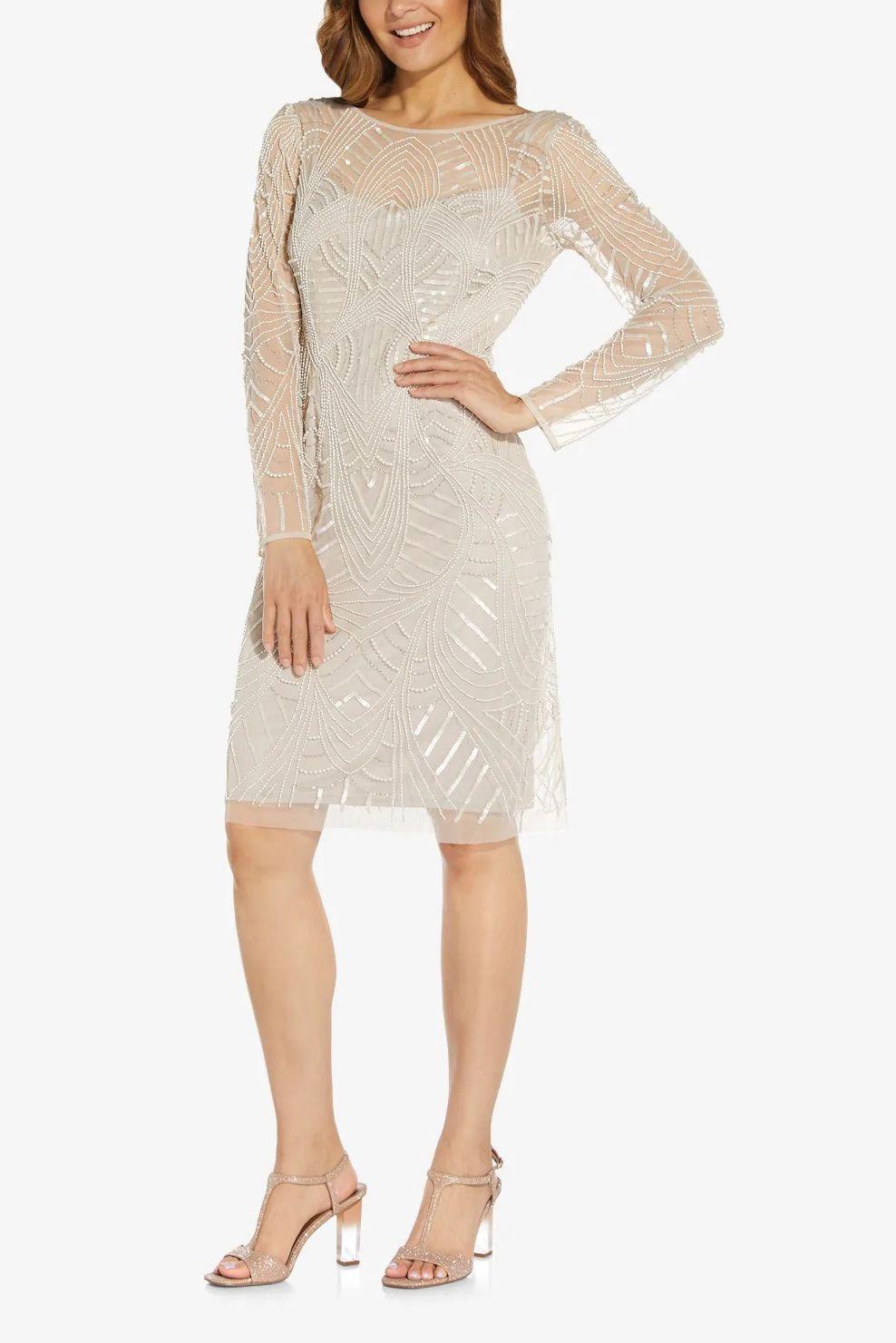 Cocktail Dresses Short Long Sleeve Embellished Mesh Dress Biscotti