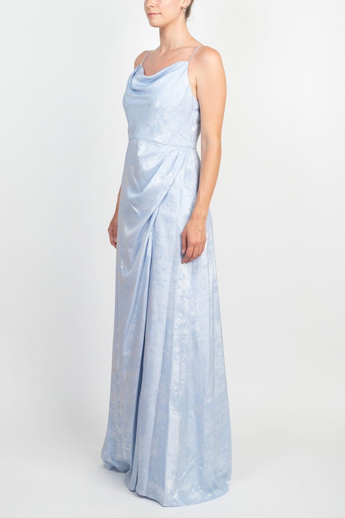 Formal Dresses Sleeveless Slit Front Gathered Formal Metallic Crepe Dress SKY BLUE