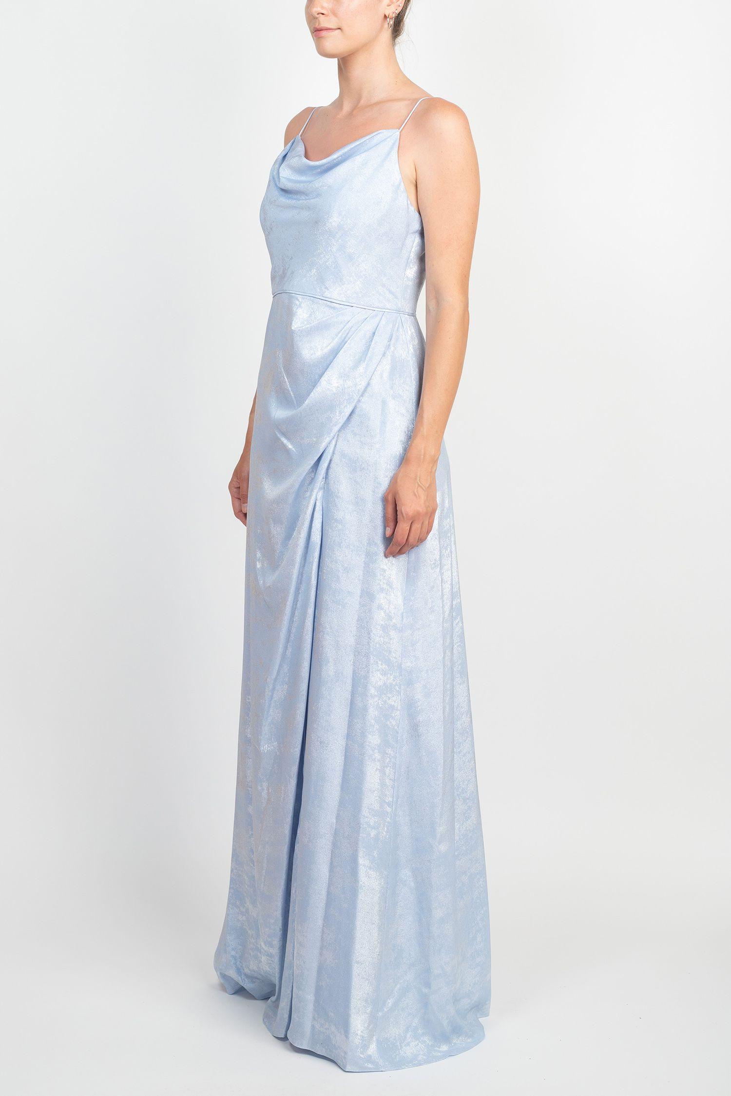 Formal Dresses Sleeveless Slit Front Gathered Formal Metallic Crepe Dress SKY BLUE