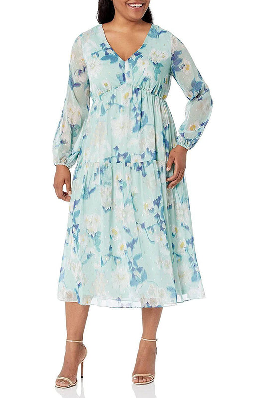 Formal Dresses V-Neck Long Sleeve Formal Floral Print Dress MINT MULTI