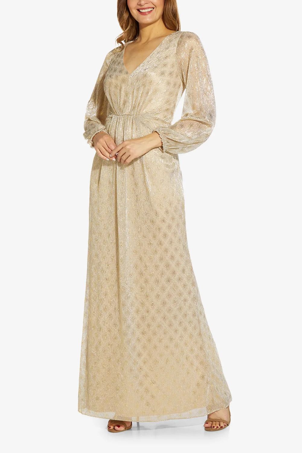 Adrianna Papell AP1E209111 V- Neck Bishop Long Sleeves Formal Long Dress
