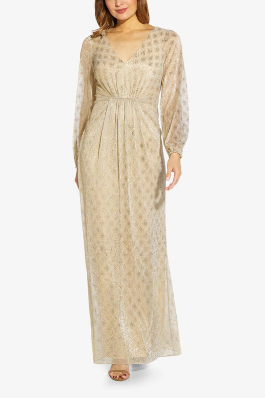 Formal Dresses V- Neck Bishop Long Sleeves Formal Long Dress CHAMPAGNE GOLD