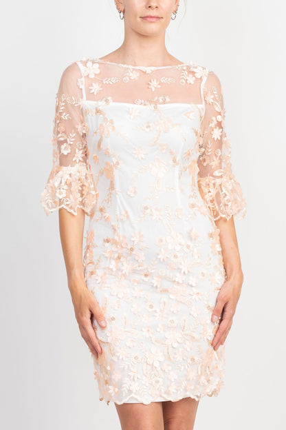 Cocktail Dresses 3/4 Scuff Bell Sleeve 3D Floral Embroidery Short Dress IVORY BLUSH
