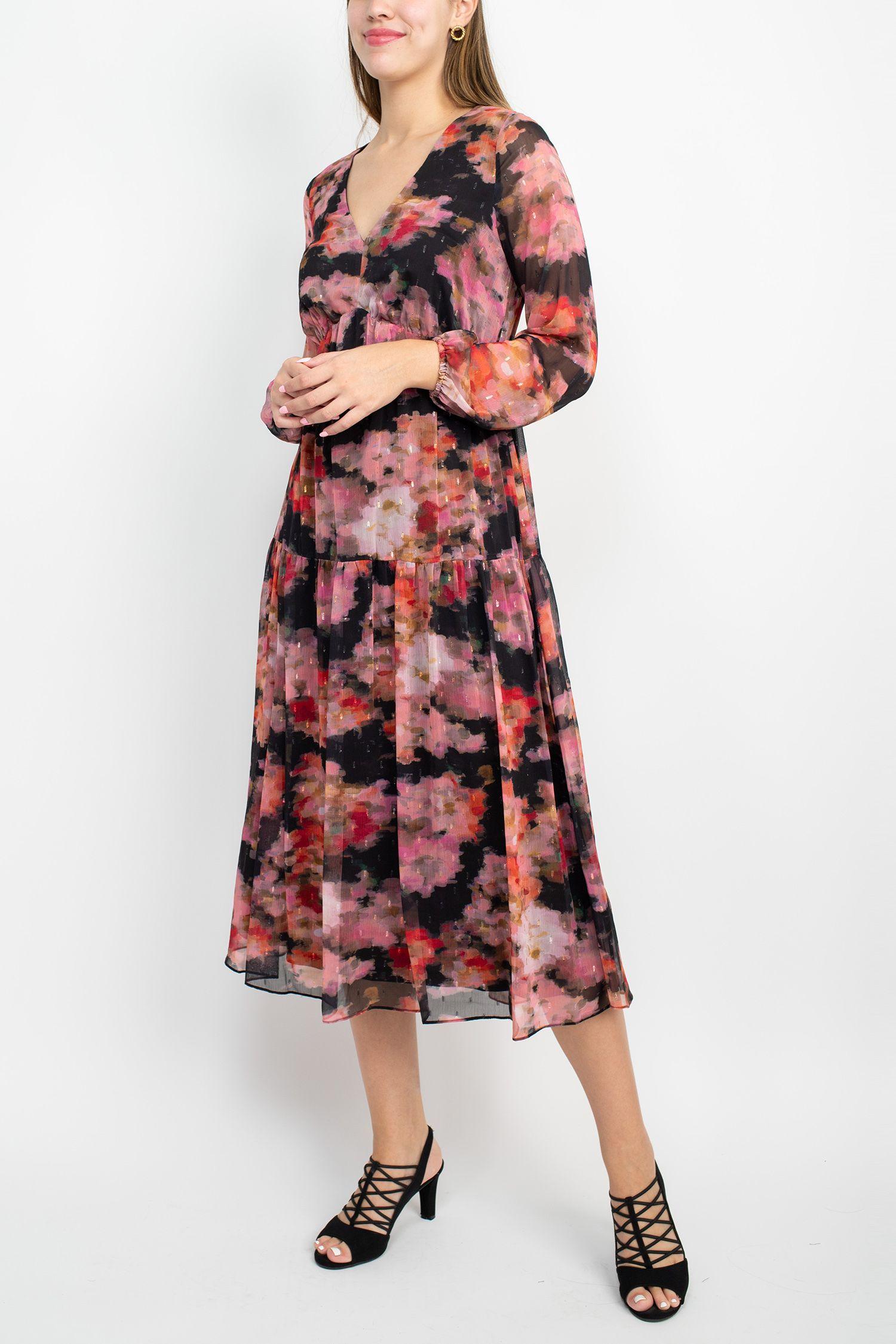 Formal Dresses Long Sleeve Floral Chiffon Dress PINK