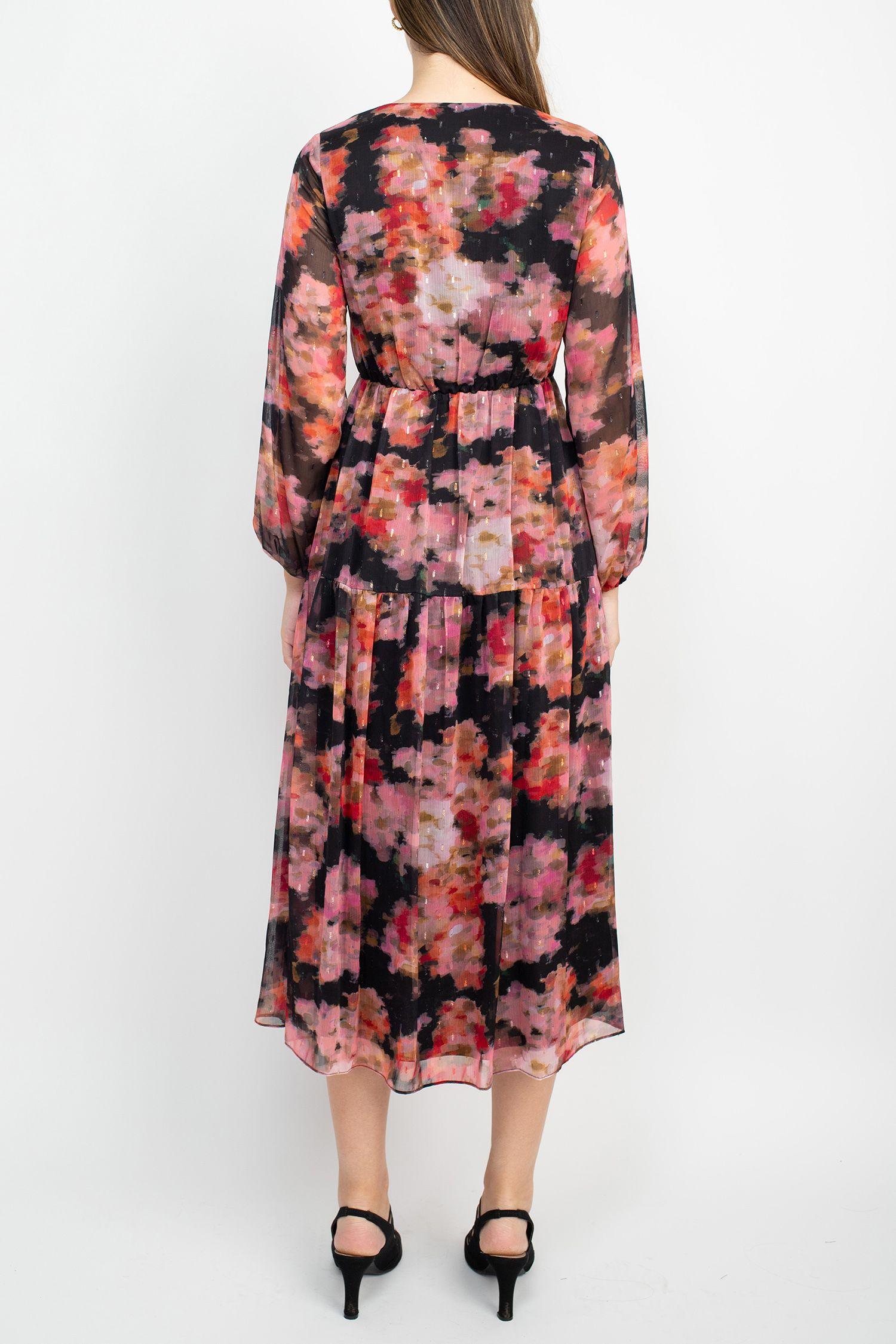 Formal Dresses Long Sleeve Floral Chiffon Dress PINK