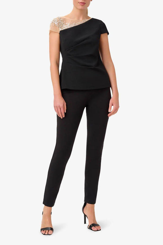 Pant Suit Boat Neck Short Sleeves Back Zipper Crepe Top BLACK