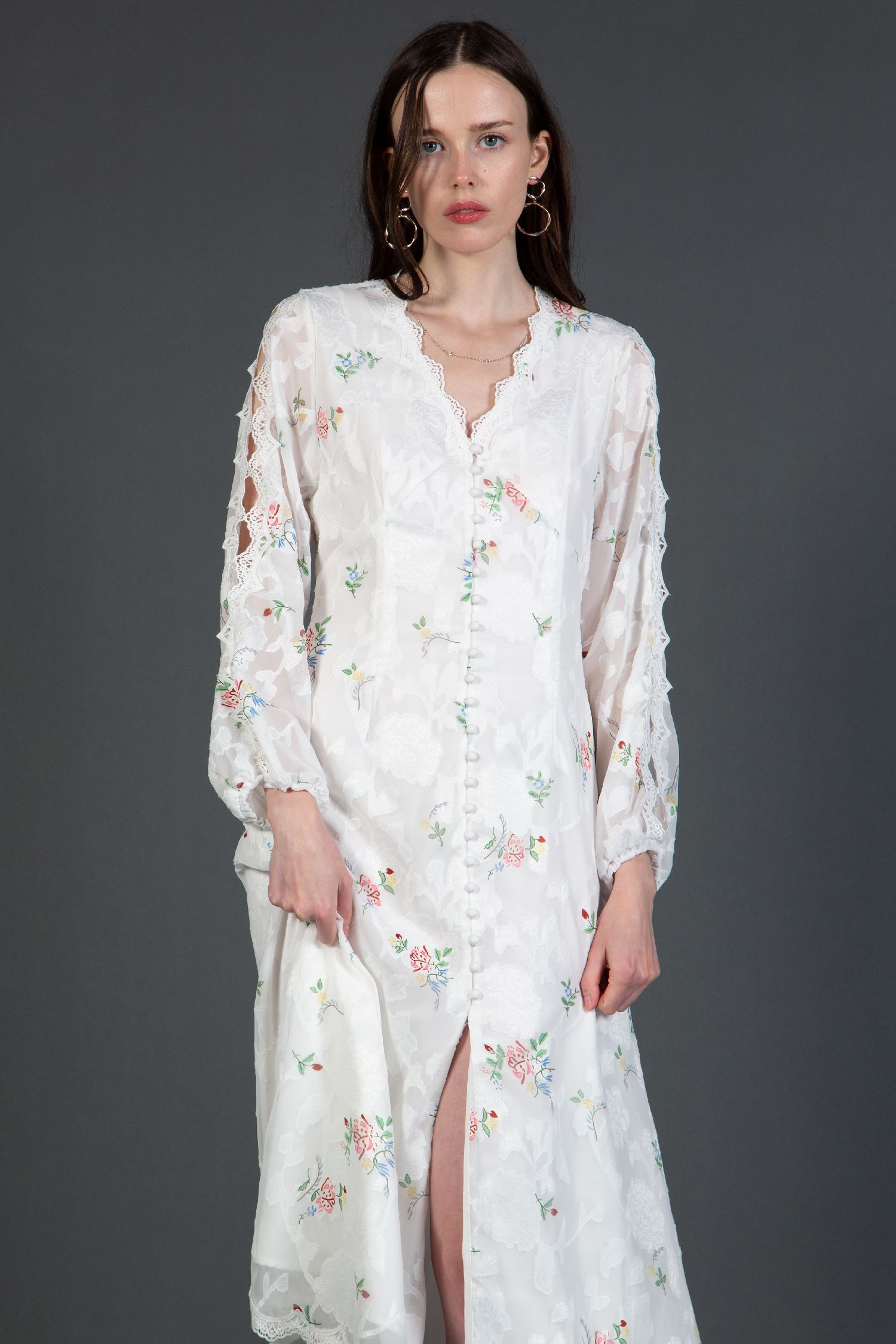 Long Sleeve V Neckline Midi Length Dress