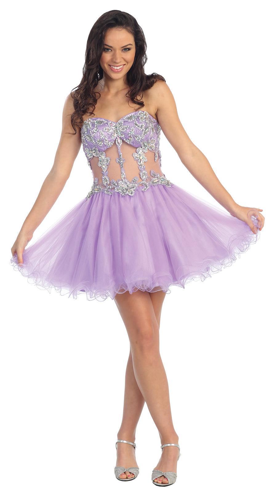 Beaded Strapless Sequined Tulle Short Prom Dress - The Dress Outlet