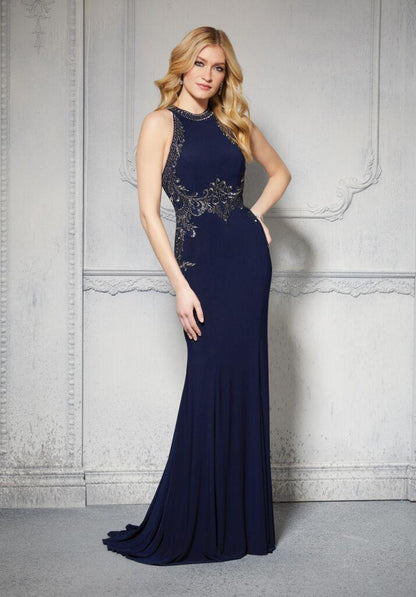 MGNY Madeline Gardner New York 71625 Long Halter Fitted Evening Gown Navy