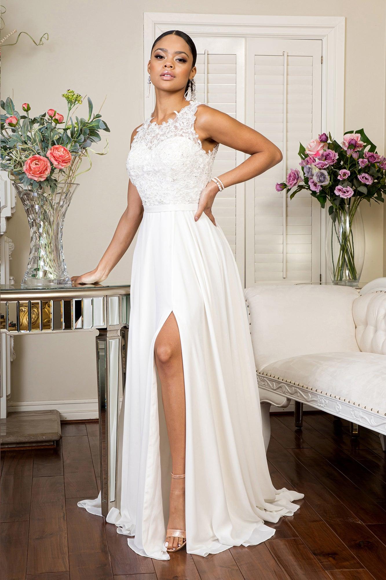 Bridal Long Sleeveless Chiffon Wedding Dress - The Dress Outlet