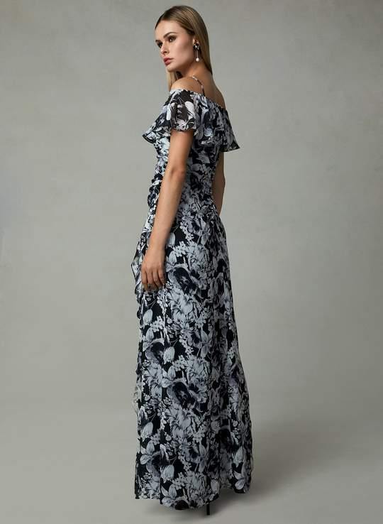 Cachet Long Formal Floral Print Ruffled Slit Dress 59689