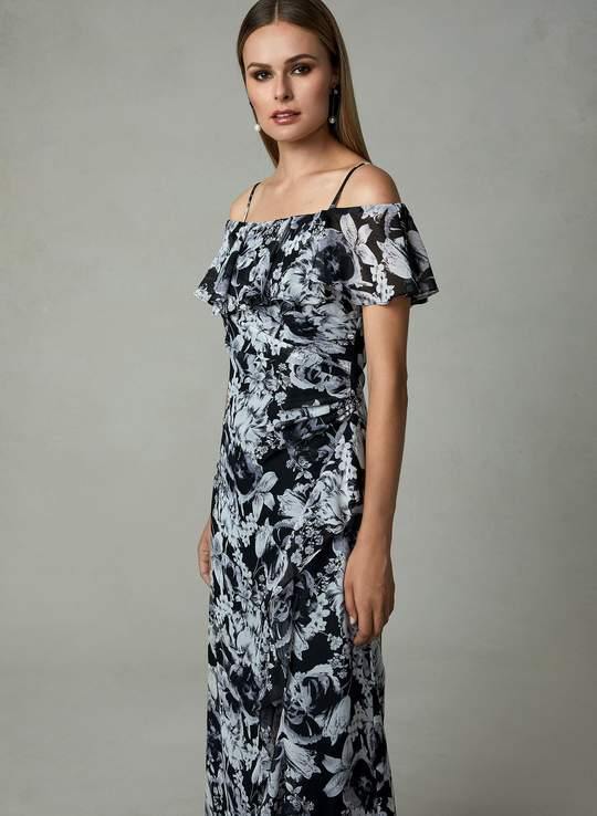 Cachet Long Formal Floral Print Ruffled Slit Dress 59689