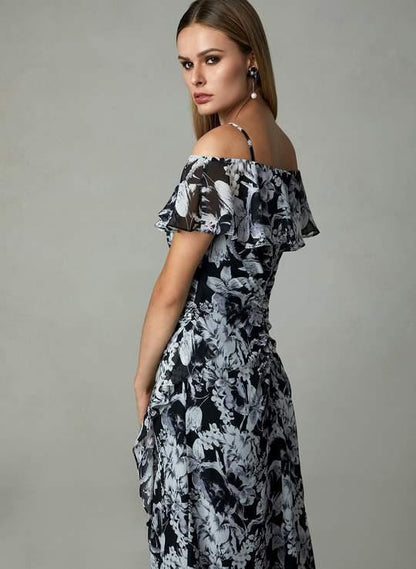 Cachet Long Formal Floral Print Ruffled Slit Dress 59689 - The Dress Outlet
