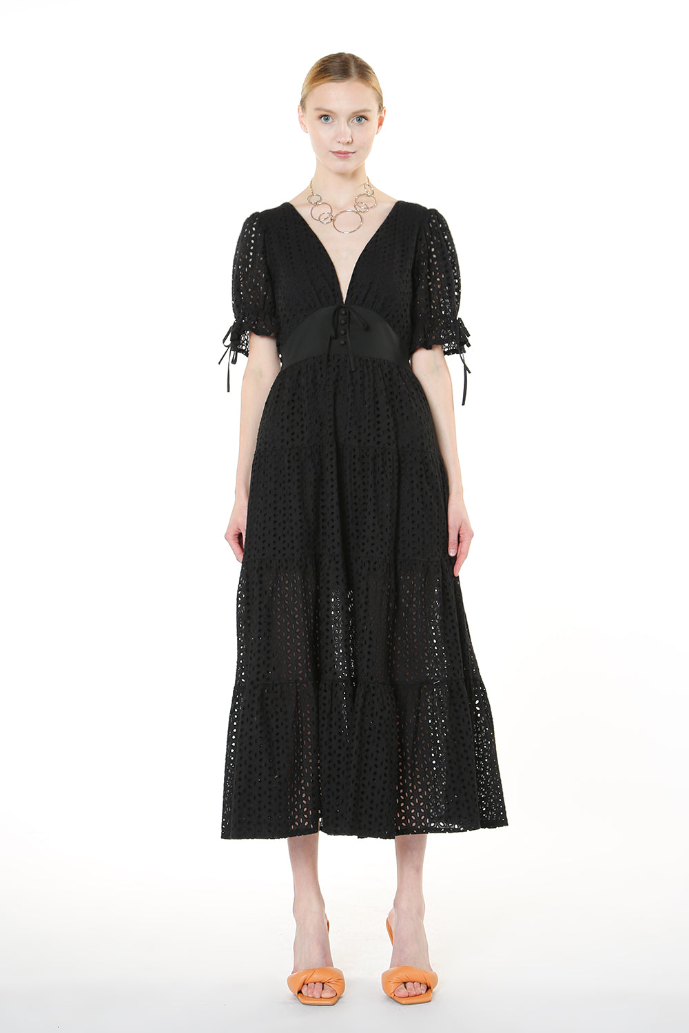 Short Sleeve Patterned Hole Tea Length Dress