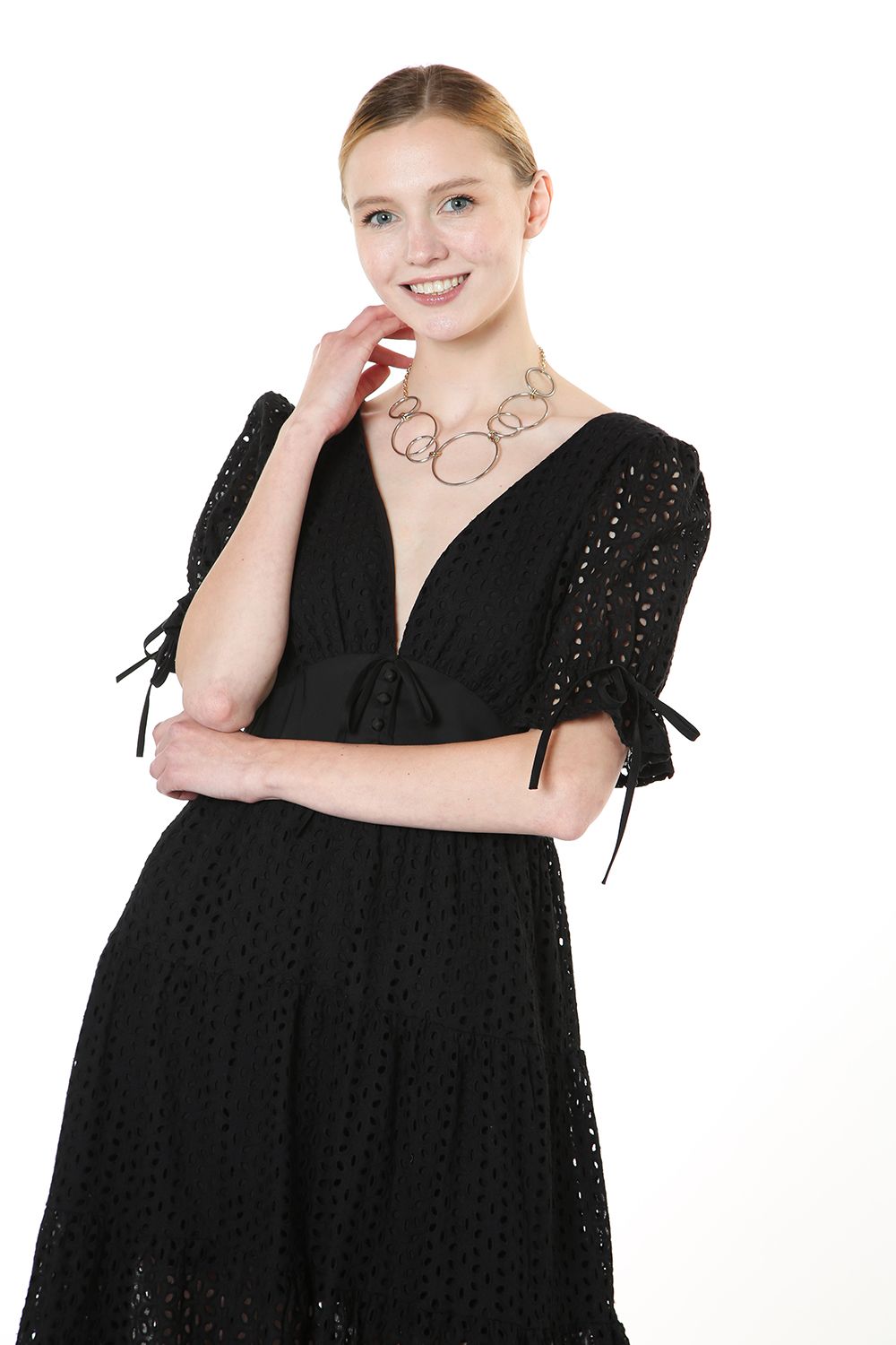 Short Sleeve Patterned Hole Tea Length Dress