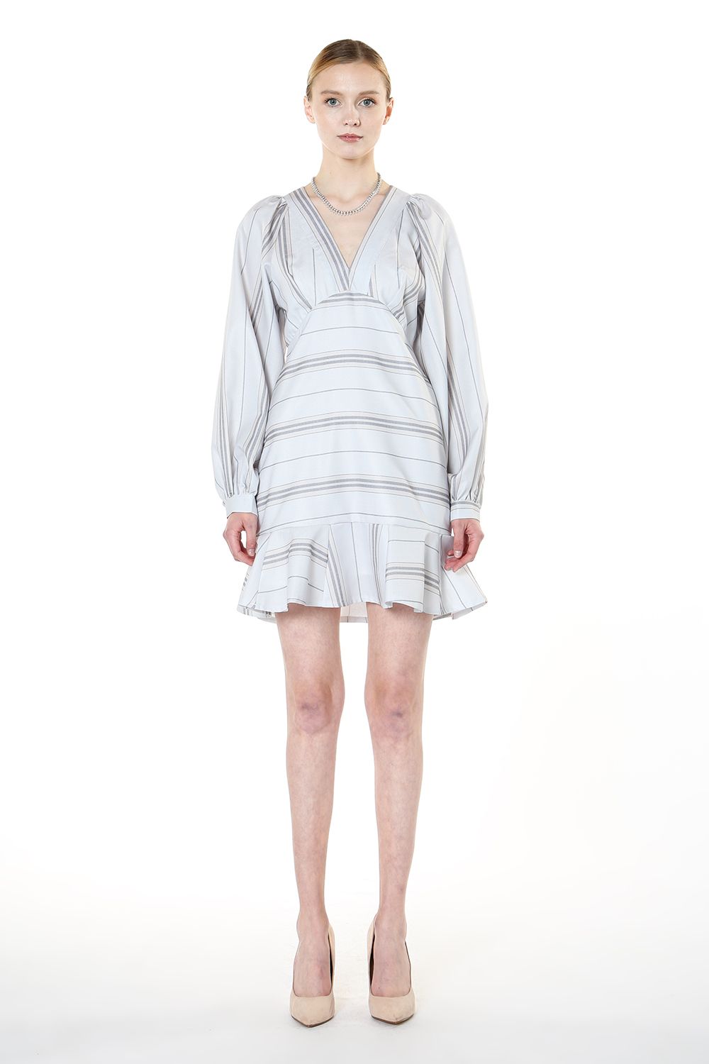 Long Sleeve V Neck Ruffle Mini Dress