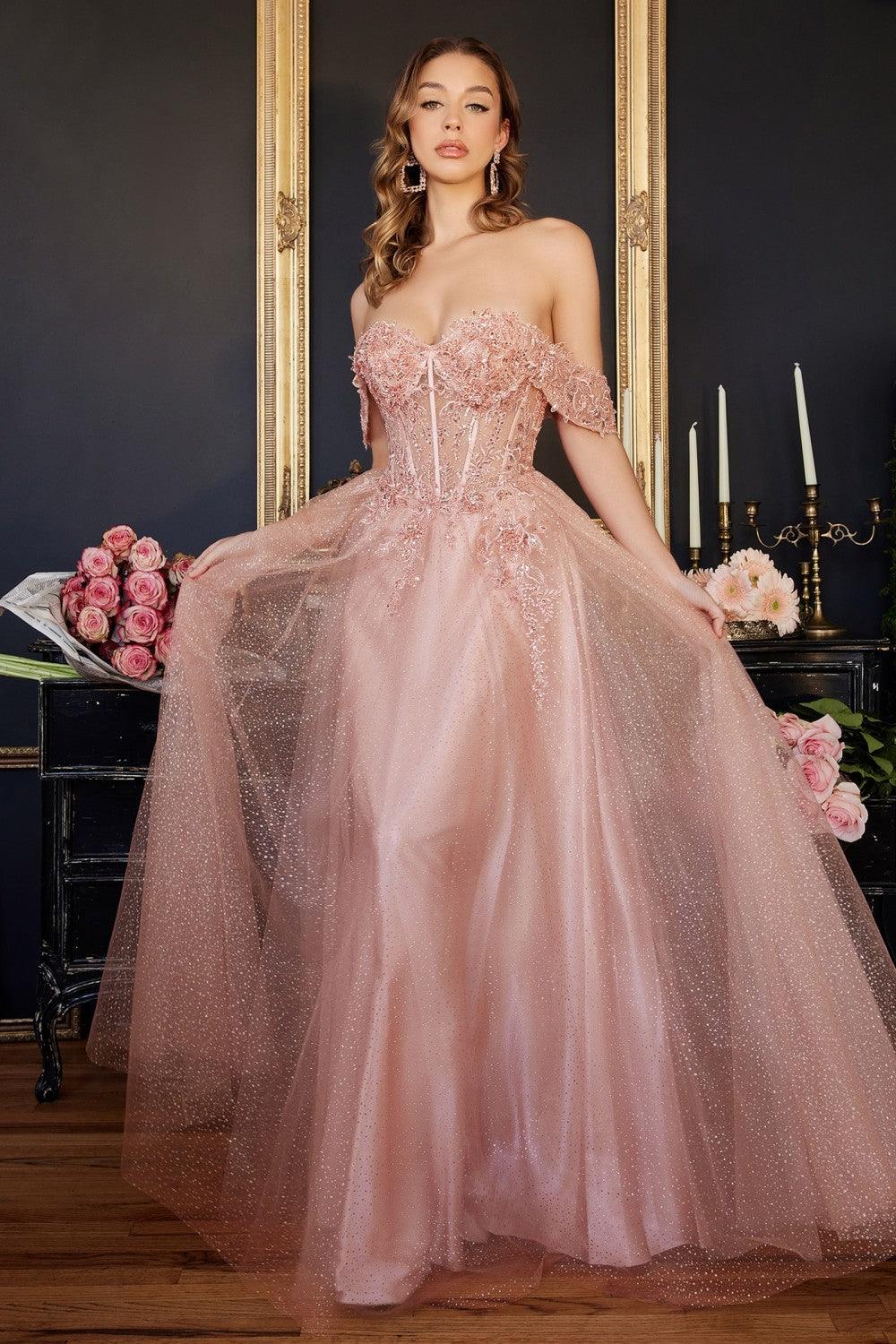 Off Shoulder Corset Long Prom Ball Gown Blush