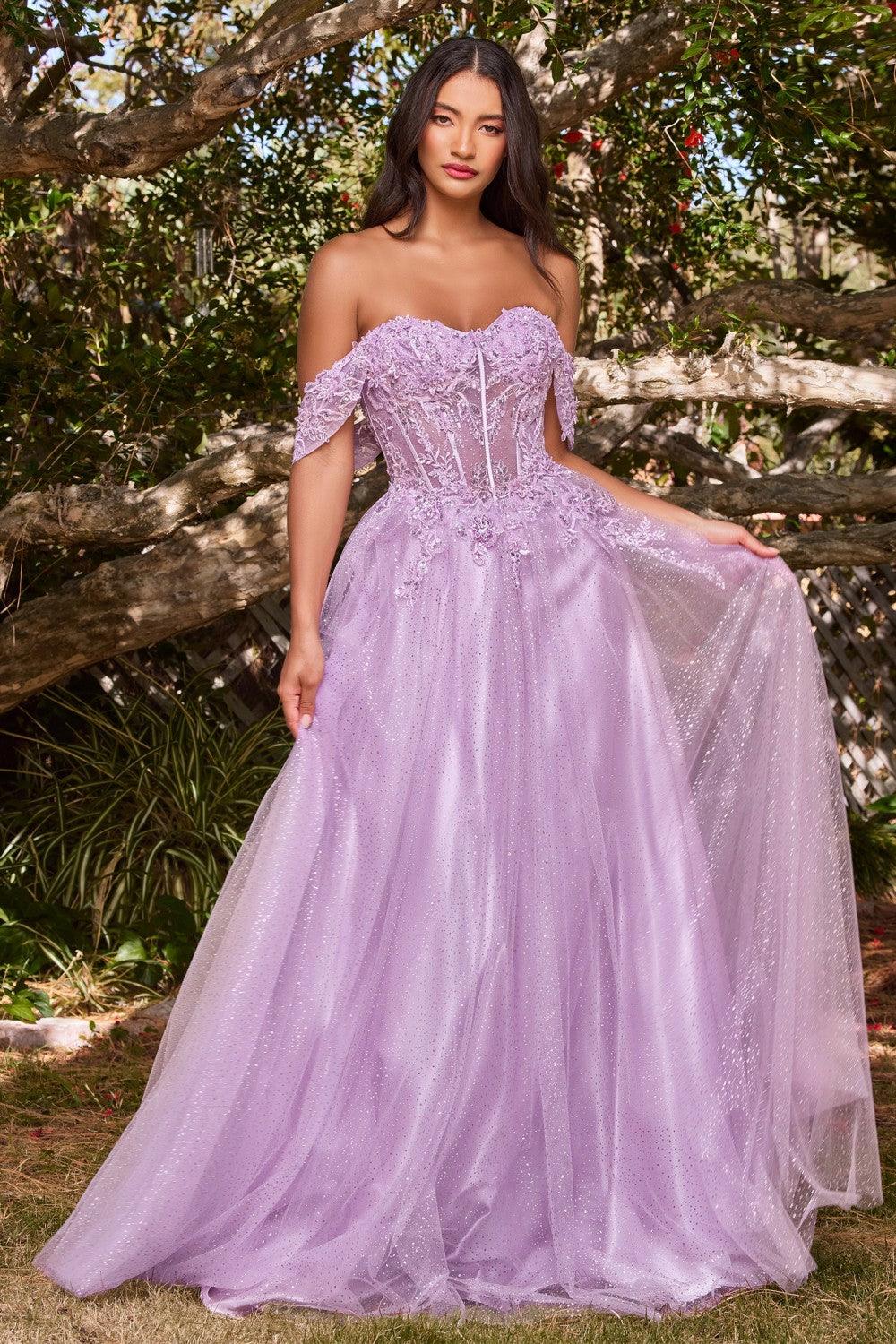 Off Shoulder Corset Long Prom Ball Gown Lavender