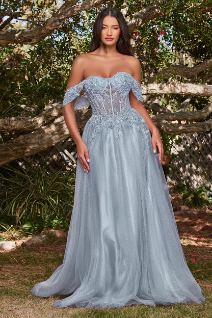 Off Shoulder Corset Long Prom Ball Gown Smoky Blue