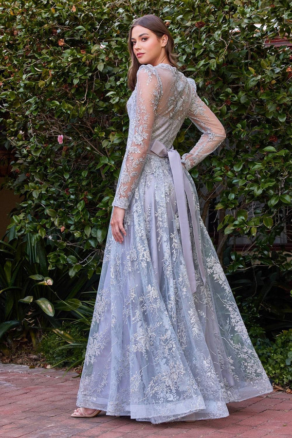 Long Sleeve Plus Size Evening Dress Silver