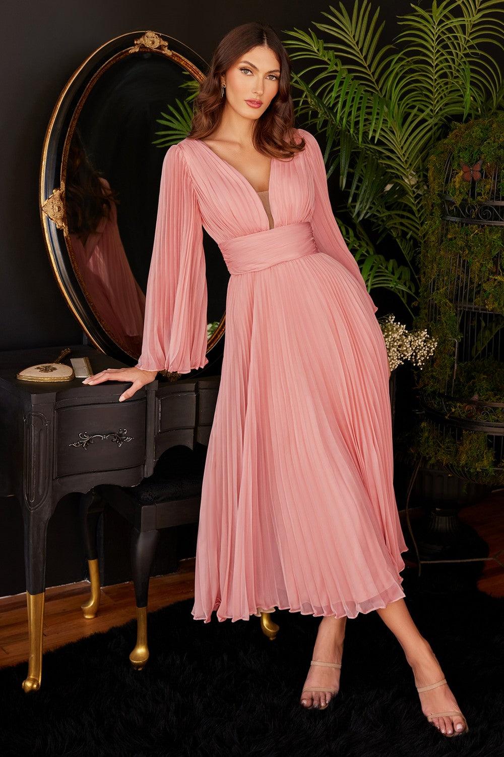 Pleated Chiffon Formal Gown Rose Gold